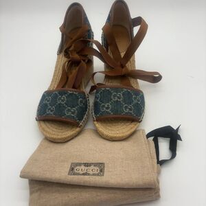 Gucci Denim Blue and Tan Espadrille Sandals